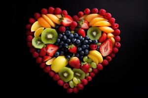 vários fruta dentro a coração forma Sombrio fundo, saudável frutas rico dentro vitaminas. generativo ai foto