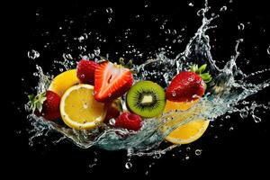 vários fruta com água respingo em Sombrio fundo, saudável frutas rico dentro vitaminas. generativo ai foto