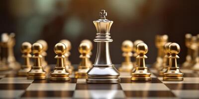 rei xadrez em pé em xadrez borda. o negócio planejamento, estratégia e Liderança conceito. generativo ai foto