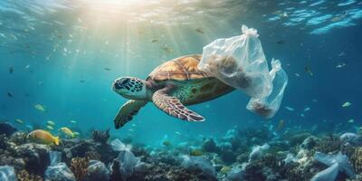 mar tartaruga preso dentro uma plástico bolsa, Pare oceano plástico poluição conceito. generativo ai foto