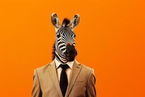 retrato do uma homem de negocios com uma zebra cabeça em a laranja fundo generativo ai foto