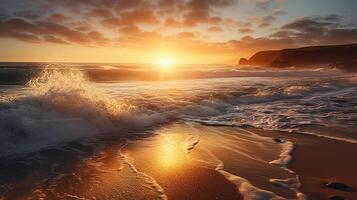 lindo pôr do sol em a de praia. panorâmico Visão do oceano ondas às pôr do sol. generativo ai foto