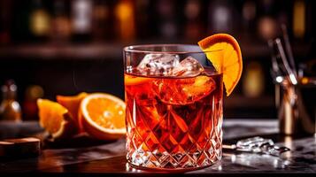 coquetel negroni com Gin, campari martini Rosso e laranja. negroni coquetel às a bar. criativo recurso, ai gerado foto