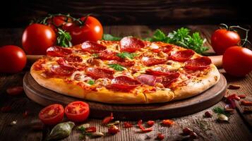 calabresa pizza com mozzarella queijo, salame, tomate molho, pimenta, sabores. italiano pizza em de madeira mesa estabelecimento. criativo recurso, ai gerado foto