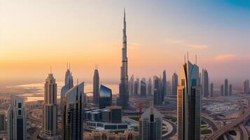 surpreendente panorâmico Visão do dubai cidade arranha-céu e burj Khalifa durante pôr do sol ou nascer do sol. generativo ai tecnologia. foto