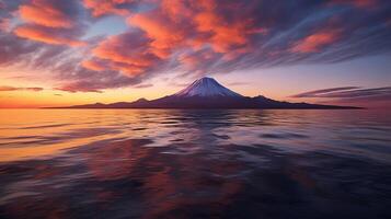 desorientador pôr do sol, montanha e lago. criativo recurso, ai gerado foto