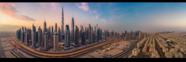 centro da cidade dubai cidade com burj Khalifa e sheikh zayed estrada intercâmbio, Unidos árabe emirados, meio leste. generativo ai tecnologia. foto