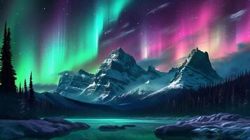 horrível montanhas com aurora boreal. fúcsia céu Fundação com copyspace. criativo recurso, ai gerado foto