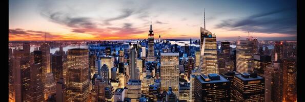 surpreendente panorâmico Visão do Manhattan Horizonte edifícios durante pôr do sol ou nascer do sol, Novo Iorque cidade. generativo ai tecnologia. foto