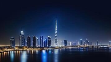 surpreendente panorâmico Visão do dubai paisagem urbana às noite com luzes negligenciar a burj Khalifa surpreendente turista destino, generativo ai tecnologia. foto