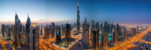 dubai, eua paisagem urbana às tarde ou cedo manhã com luzes negligenciar a burj khalifa. surpreendente turista destino, generativo ai tecnologia. foto