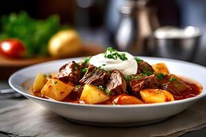 Goulash com carne e batatas, húngaro estilo, generativo ai foto