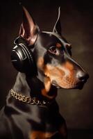 retrato do uma sério doberman cachorro dentro roupas.ai gerado foto