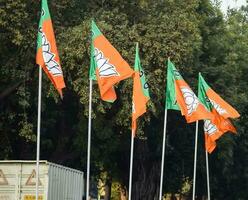 Novo Délhi, Índia - pode 16 2023 - bharatiya janata festa bandeira do indiano político festa, bjp bhartiya janta festa bandeira acenando durante PM estrada mostrar dentro Délhi, Índia foto