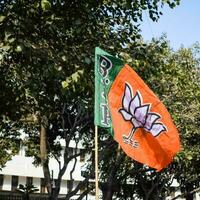 Novo Délhi, Índia - pode 16 2023 - bharatiya janata festa bandeira do indiano político festa, bjp bhartiya janta festa bandeira acenando durante PM estrada mostrar dentro Délhi, Índia foto