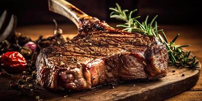 ai gerado. ai generativo. foto ilustração do churrasco grade tomahawak angus bife em osso. restaurante fresco carne estilo de vida vibe. gráfico arte