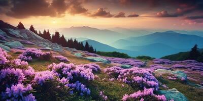 ai gerado. ai generativo. lindo rododendro flores sobre pôr do sol montanhas campo panorama. gráfico arte foto