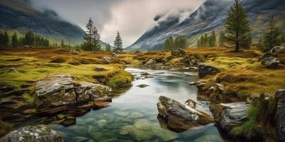 ai gerado. ai generativo. foto ilustração do selvagem natureza ao ar livre montanha cascata panorama em chuva verde dia. gráfico arte