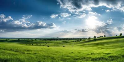 ai gerado. ai generativo. foto realista ilustração do verde campo Relva colinas panorama. gráfico arte