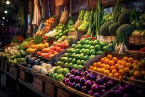 uma movimentado fresco mercado com linhas do colorida frutas e legumes. generativo ai foto