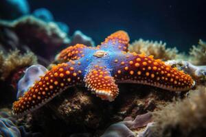 mar Estrela dentro uma recife colorida embaixo da agua panorama fundo. Estrela peixe dentro tropical Beira Mar. generativo ai foto