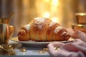 croissant dentro suave dourado luz com elegante apresentação com guardanapo em fundo. generativo ai foto