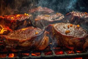 churrasco bifes cozinhou juntos com empanamento em quente grade. generativo ai foto