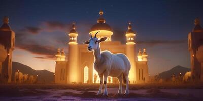 digital imagem do eid al adha celebração do mesquita e cabras dentro uma deserto às noite com lindo mesquita luzes. ai generativo foto