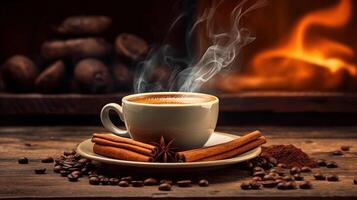 vapor café copo com perfumado canela e café feijões. criada com generativo ai foto