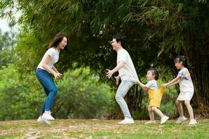 jovem ásia família dentro a parque foto