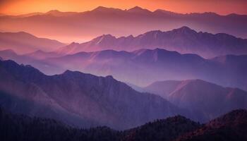 pôr do sol silhueta montanha pico, majestoso panorama beleza gerado de ai foto