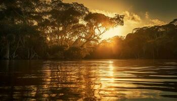 tranquilo pôr do sol reflete em água, natureza beleza gerado de ai foto