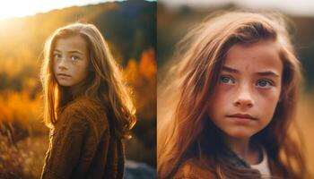 fofa menina sorridente dentro outono floresta pôr do sol gerado de ai foto