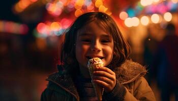 sorridente caucasiano menina goza inverno chocolate doce presente gerado de ai foto