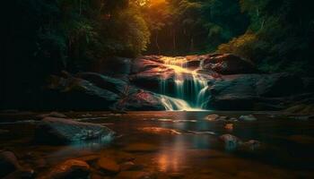 suave água fluindo sobre pedras dentro floresta gerado de ai foto