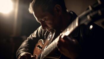 jogando guitarra, arrancar cordas habilmente gerado de ai foto