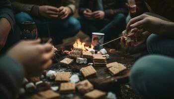 jovem adultos desfrutando fogueira, cozinhando marshmallows juntos gerado de ai foto