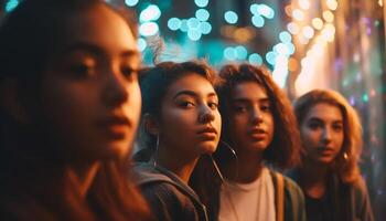 jovem adultos desfrutando vida noturna, sorridente e olhando despreocupado gerado de ai foto