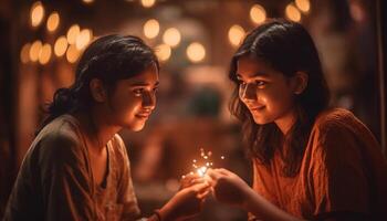 dois jovem adultos sorridente, vínculo sobre luz de velas gerado de ai foto