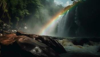 majestoso cascata fluindo sobre rochoso penhasco Beira gerado de ai foto