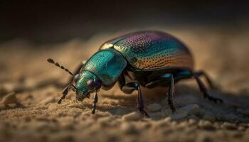 brilhante escaravelho besouro rasteja em verde folha gerado de ai foto