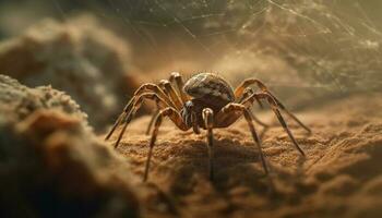 assustador aracnídeo rastejando em peludo aranha rede gerado de ai foto