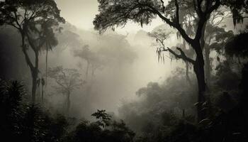 assustador silhueta dentro nebuloso floresta às alvorecer gerado de ai foto