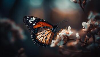 vibrante monarca borboleta poliniza flor ao ar livre gerado de ai foto