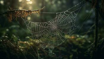 aranha rede brilha com orvalho dentro outono floresta gerado de ai foto