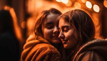 dois jovem mulheres abraçando, sorridente, desfrutando período de férias gerado de ai foto