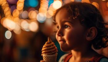 sorridente menina segurando gelo creme, desfrutando verão gerado de ai foto