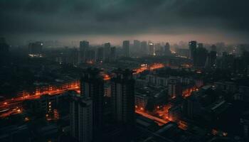 brilhando cidade Horizonte às crepúsculo, tráfego fluxos gerado de ai foto