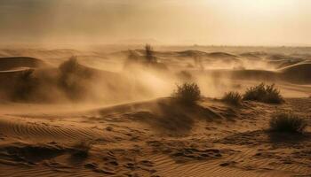 pôr do sol sobre areia dunas, tranquilo beleza dentro natureza gerado de ai foto