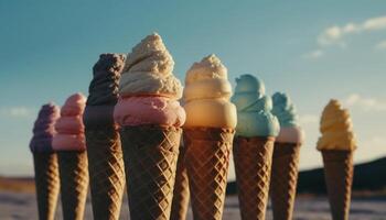 doce verão indulgência gelo creme cones abundância gerado de ai foto